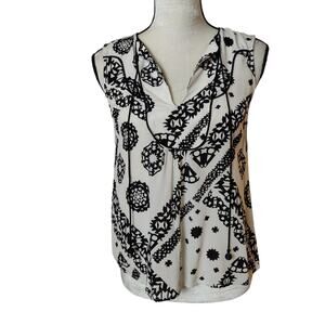 Anthropologie Womens Sz 0 Giuliana Black White Silk Sleeveless Top V Neck Boho